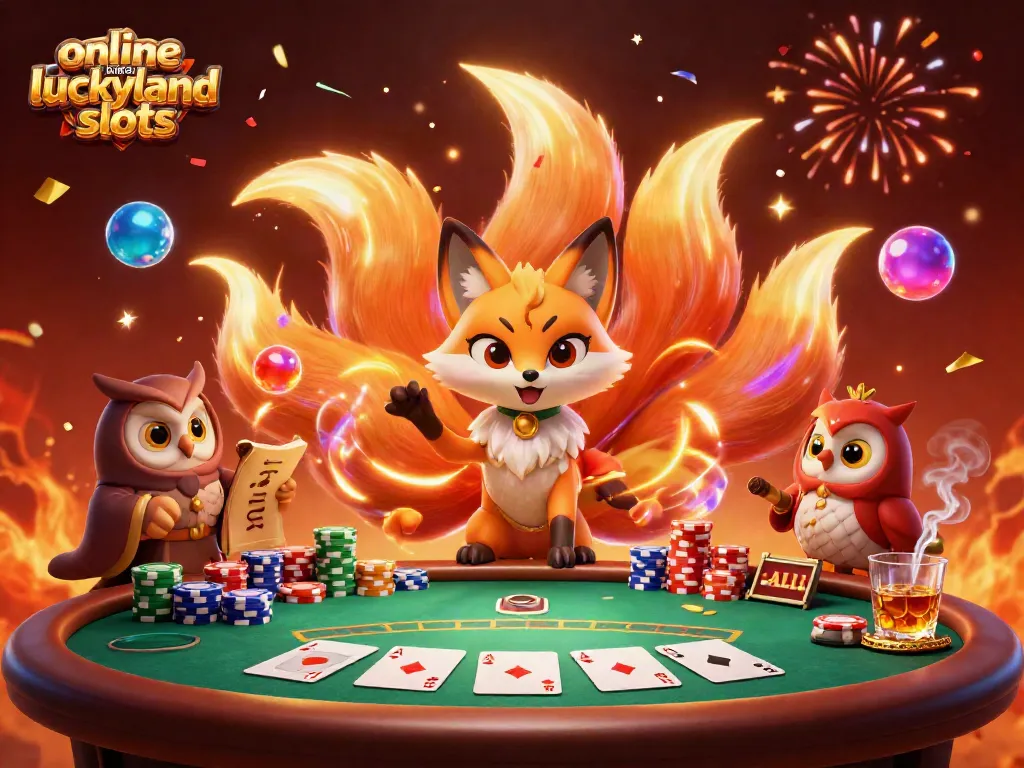 Play exciting games at an online casino like LuckyLand Slots, featuring vibrant characters and poker elements.