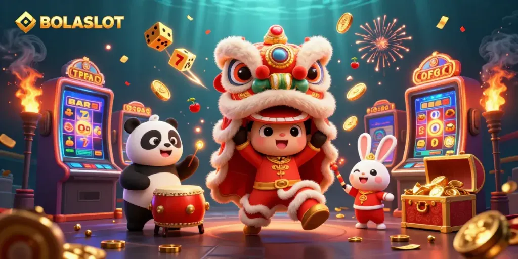 BOLASLOT celebrates a vibrant casino scene with a lion dance, drumming panda, and jackpot symbols bursting and inviting luck and excitement.