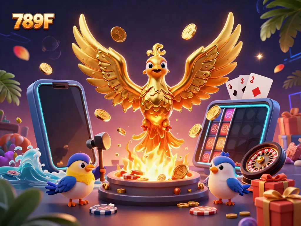 Experience thrilling wins at 789F with a golden phoenix symbolizing fortune and multiple gaming elements.