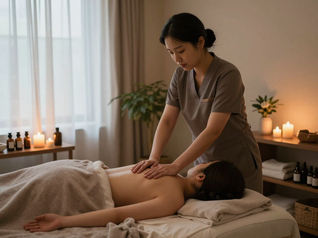 Relaxing 잠실출장안마 session in a tranquil massage room with soothing elements.