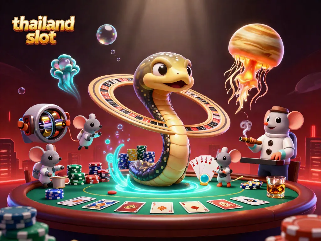 Engage in thrilling thailand slot action with vibrant cosmic characters betting on a roulette wheel and slot reels.