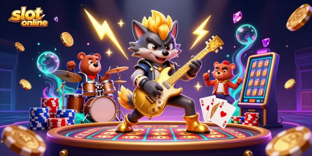 Experience thrilling winning at slot online with a vibrant 3D casino scene featuring treasures and characters.