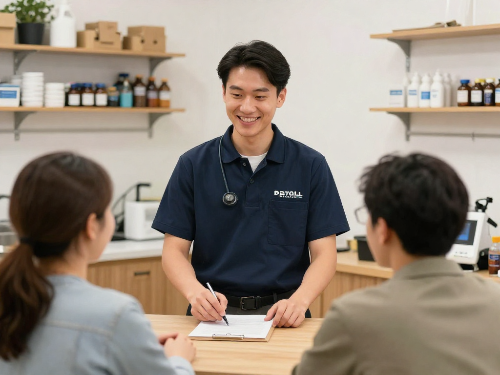 수원OP를 제공하는 신뢰할 수 있는 지역 비즈니스의 직원들이 친절하게 고객을 응대하는 모습.
