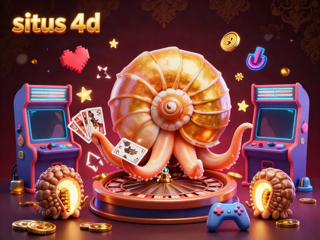 Experience exhilarating玩法 with situs 4d; a vibrant 3D scene featuring a nautilus roulette wheel and arcade game elements.
