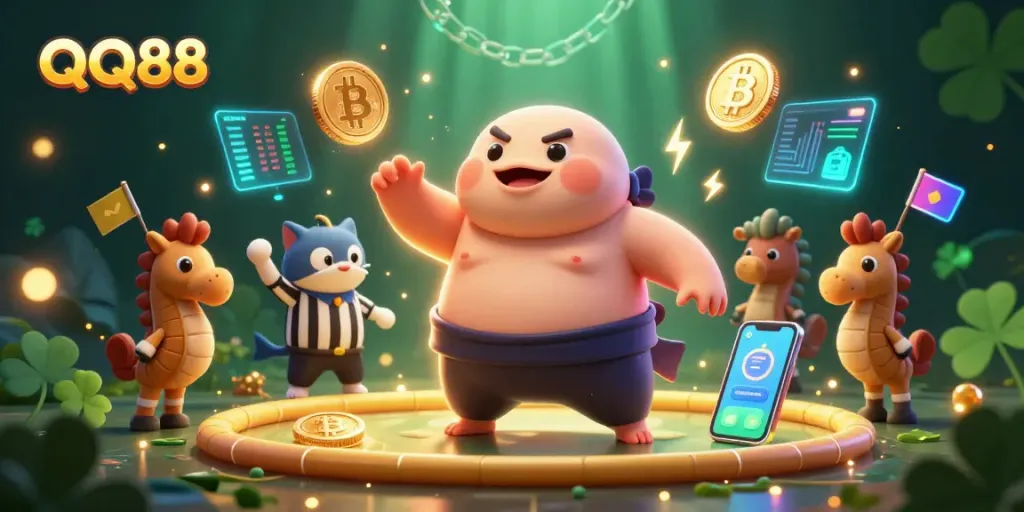Experience thrilling gameplay with QQ88 featuring a fugu in a sumo belt and crypto coins in a vibrant casino scene.