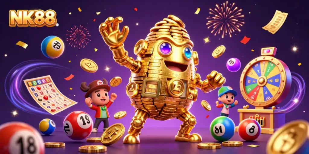 Experience NK88's exciting gaming environment featuring a golden golem and vibrant lottery elements.