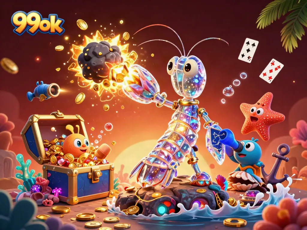 Experience thrilling gameplay at 99ok with powerful mantis shrimp battling treasures in a vibrant casino scene.