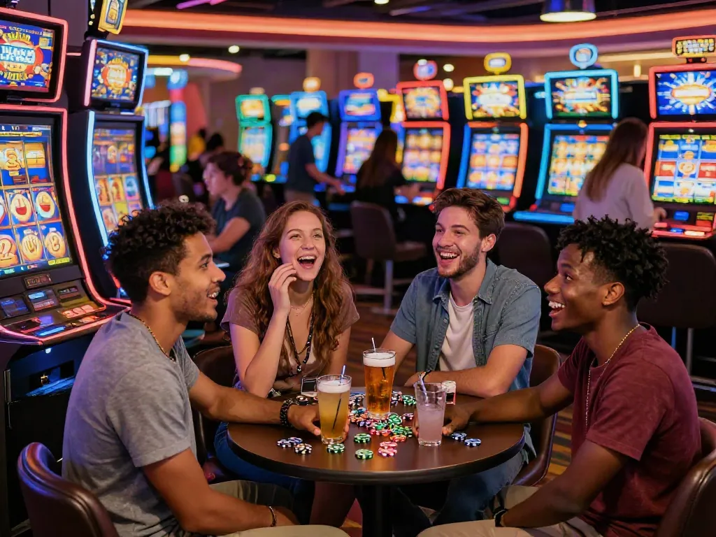 Excited friends enjoying a สล็อต game together at a casino, surrounded by colorful machines and vibrant atmosphere.