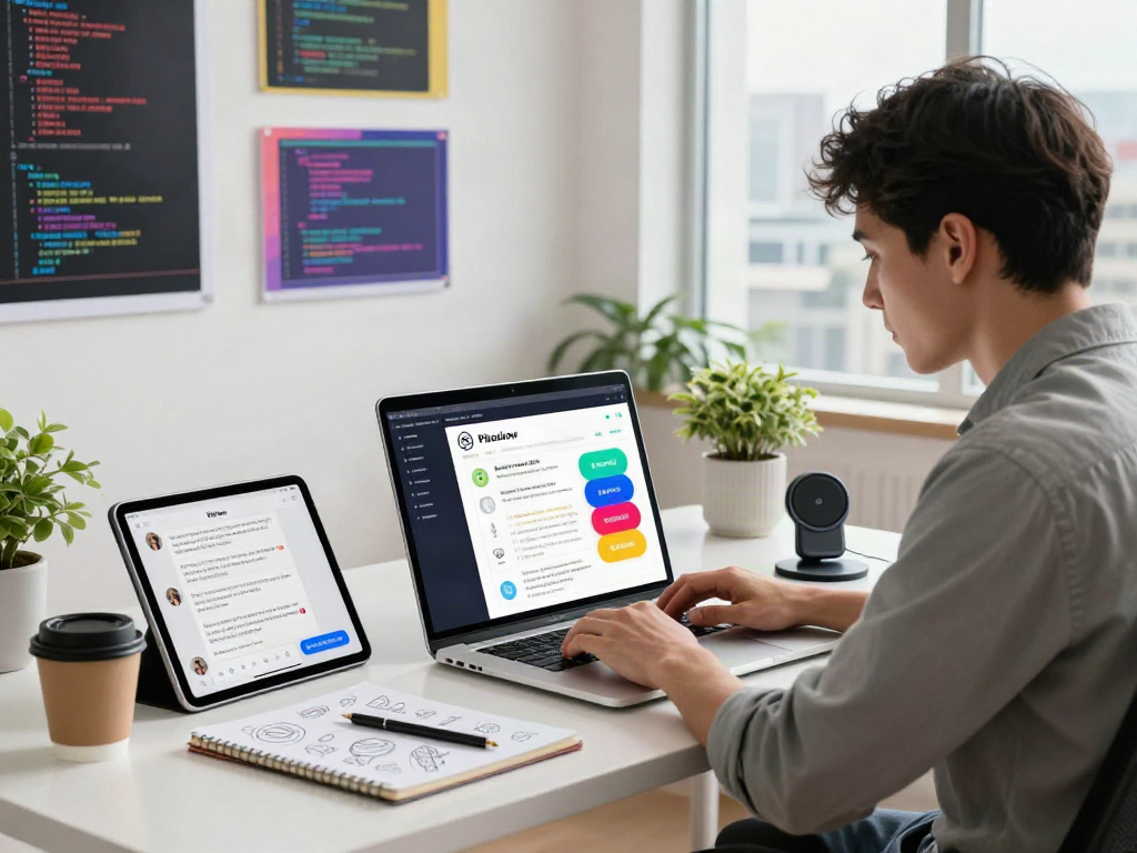 Showcasing a developer working on the Pikashow APK at a vibrant desk with design elements.