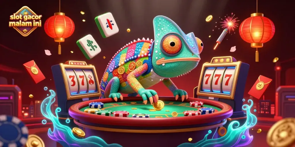 Experience the thrill of slot gacor malam ini with an engaging 3D casino illustration featuring vibrant chameleon and floating game elements.