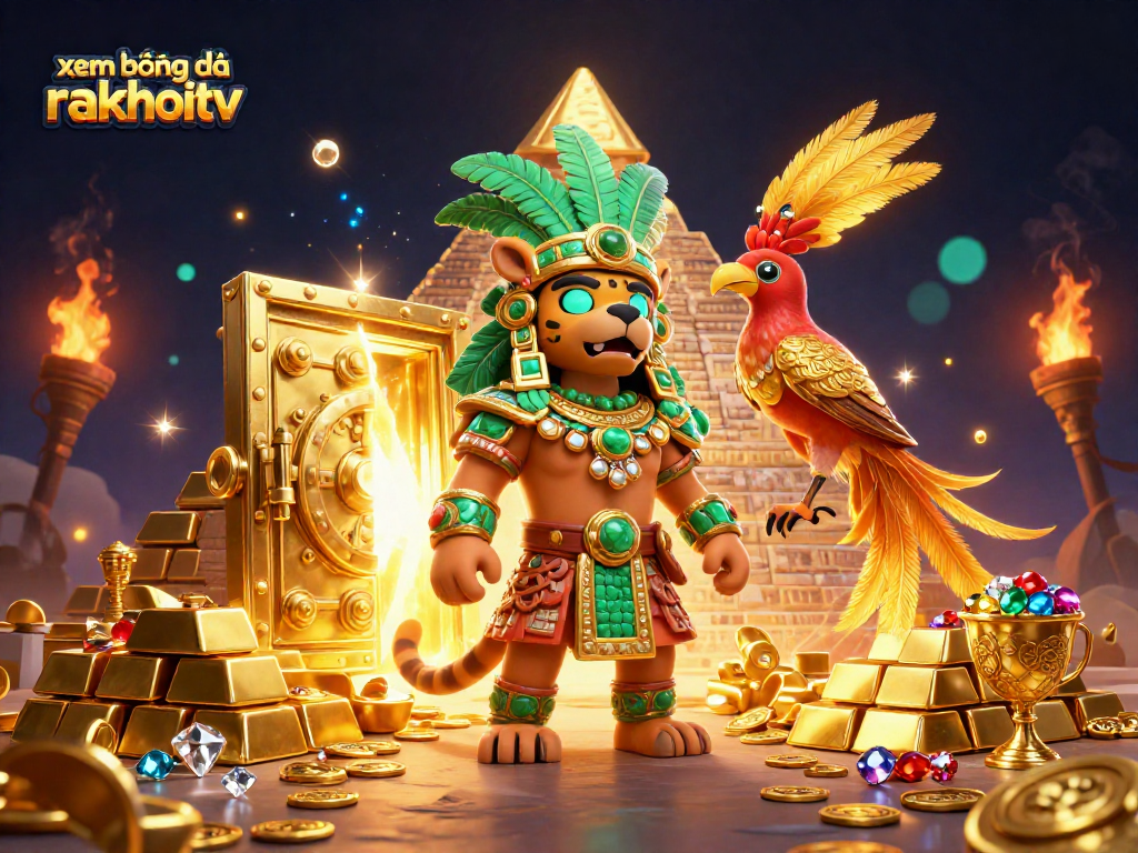 xem bóng đá rakhoitv features a Mayan jaguar priest celebrating with treasures in a vibrant casino scene