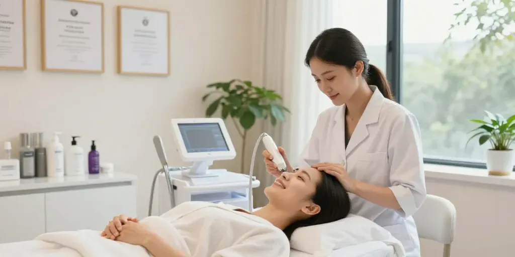 Client receiving CCeye® treatment to Augenringe entfernen in a bright beauty clinic, showcasing professional care.