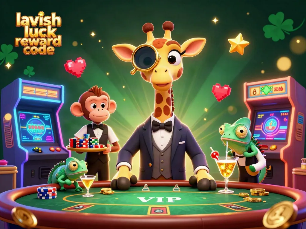 Experience the excitement of the lavish luck reward code in a vibrant casino atmosphere with fun characters and gaming elements.