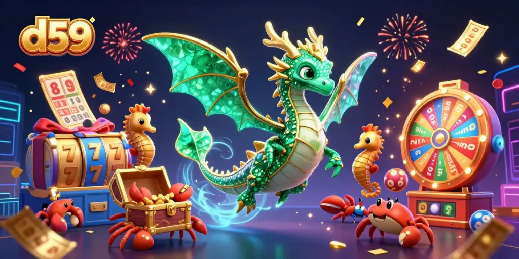d59 slot gaming illustration with emerald dragon, vibrant reels, and golden jackpots