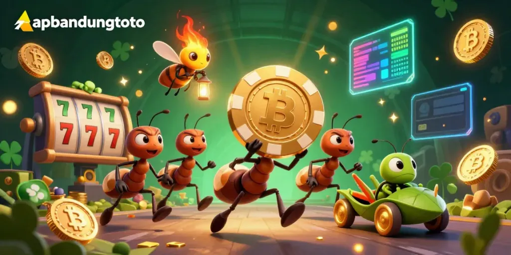 Engaging scene of ants executing a heist for a golden poker chip, highlighting apkbandungtoto in a vibrant casino environment.