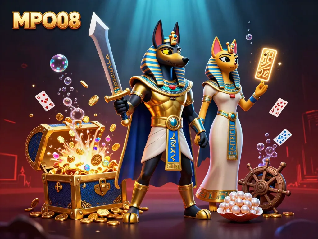 MPO08 showcases an ancient Egyptian warrior and sacred cat in a vibrant casino environment with glowing elements