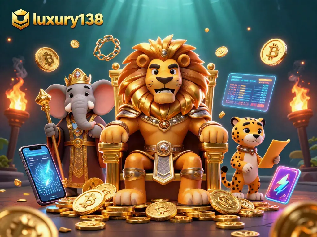 Engage with luxury138 at a vibrant casino scene featuring royal characters and crypto elements.