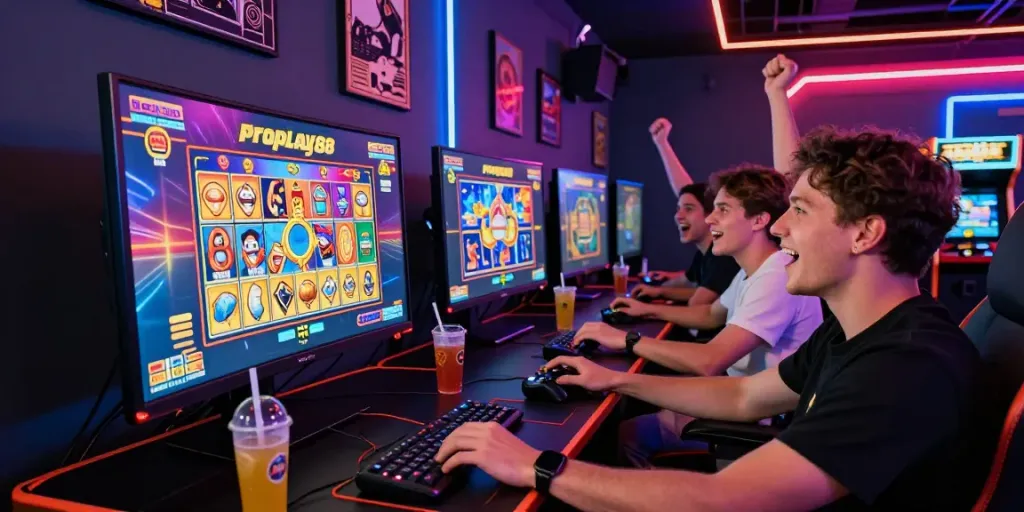 Friends enjoying gaming at proplay88 online casino with vibrant visuals