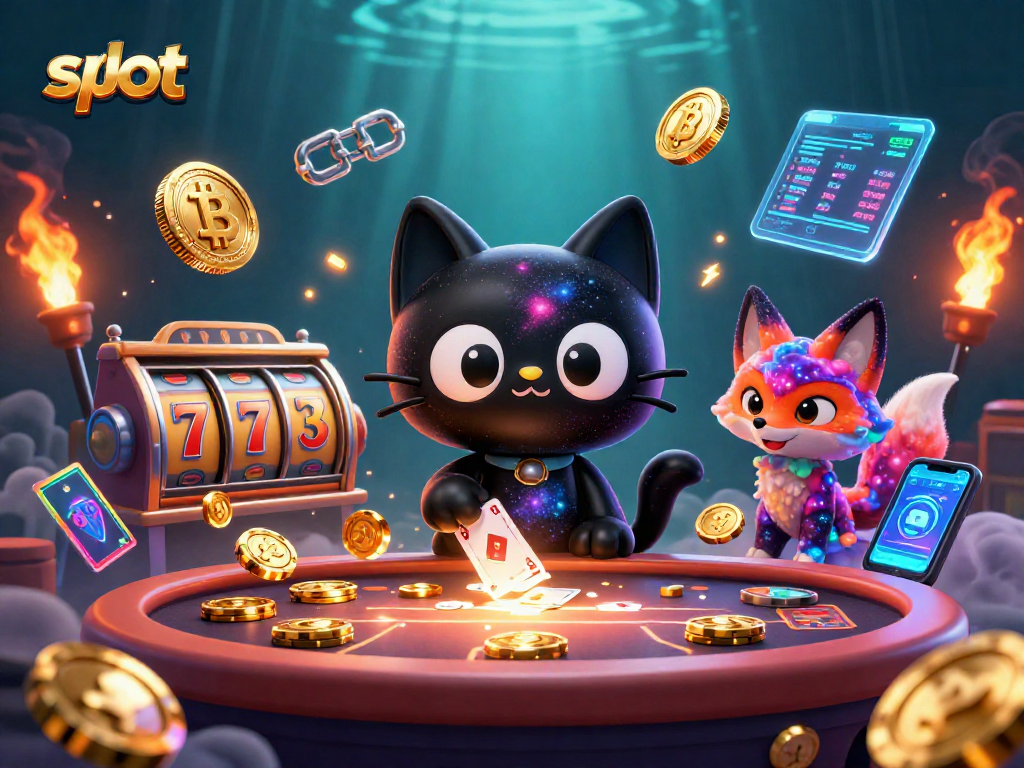 Slot gacor menghibur dengan karakter kucing hitam di meja kasino, meraih chip emas dan kartu
