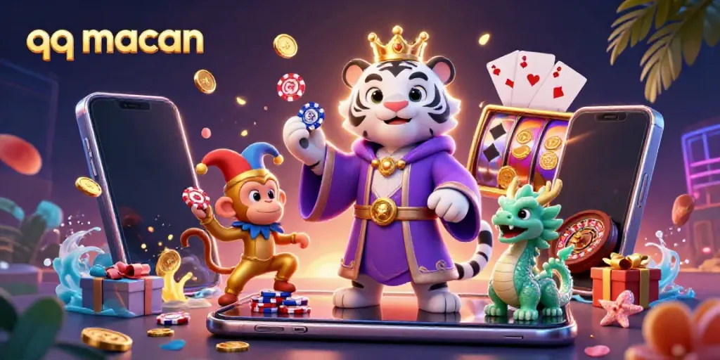 Engage with qq macan through this vibrant scene featuring a royal tiger, playful monkey, and a jade dragon amidst enticing casino elements.