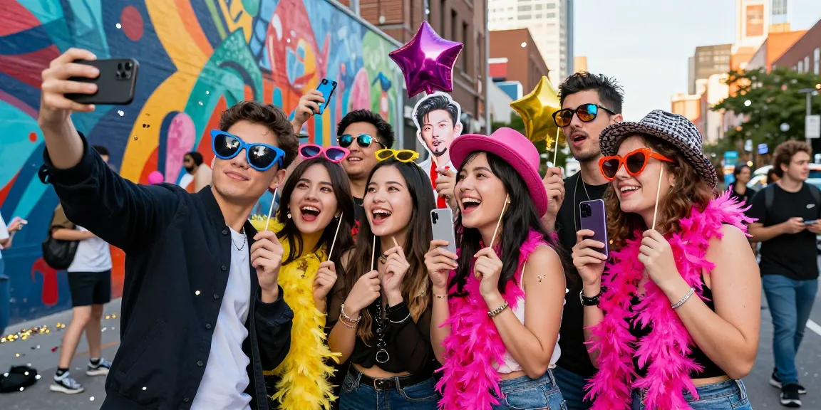 Young adults enjoying a fun moment with celebs i look like cutouts at a vibrant urban photo booth.
