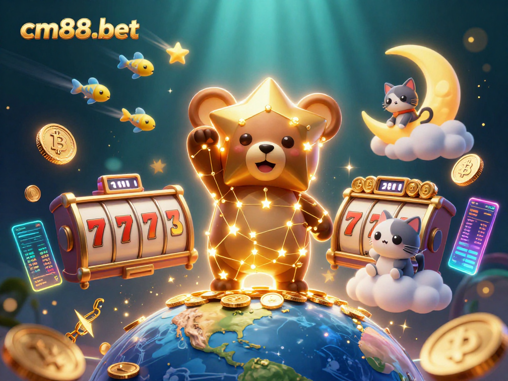 Experience the excitement of cm88-bet with vibrant illustrations showcasing thrilling jackpot games and cosmic characters.