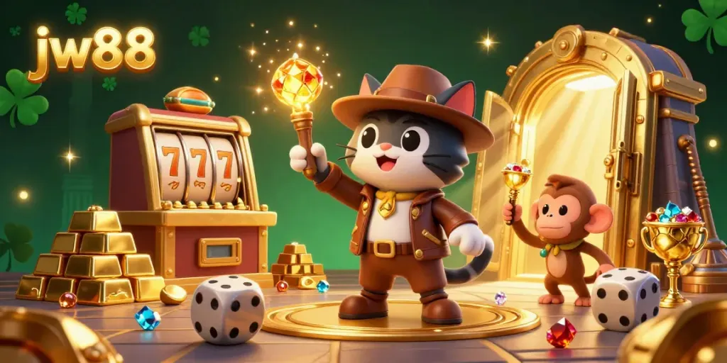 Engage in thrill with jw88’s dynamic 3D illustration of an explorer cat and monkey revealing casino treasures.