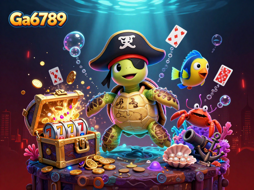 Engage in thrilling adventures with Ga6789's vivid underwater casino-themed illustration featuring a pirate turtle.