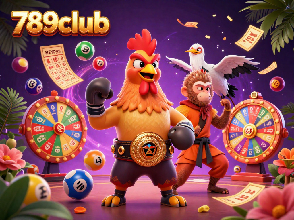 Experience the excitement of 789club with a vibrant casino scene featuring dynamic lottery elements and iconic characters.