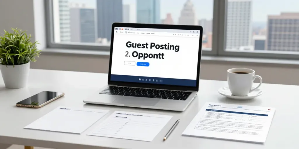 Where to find quality guest posting opportunities analyzed in a bright marketing office setting.