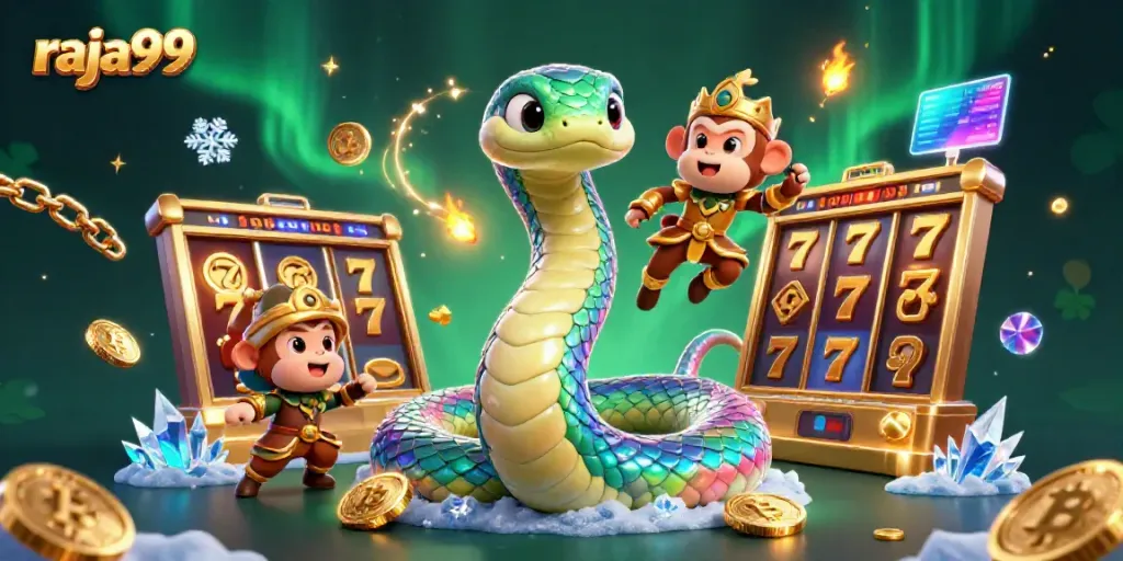Engage in gaming excitement with raja99, spotlighting vibrant characters amidst thrilling slots elements.